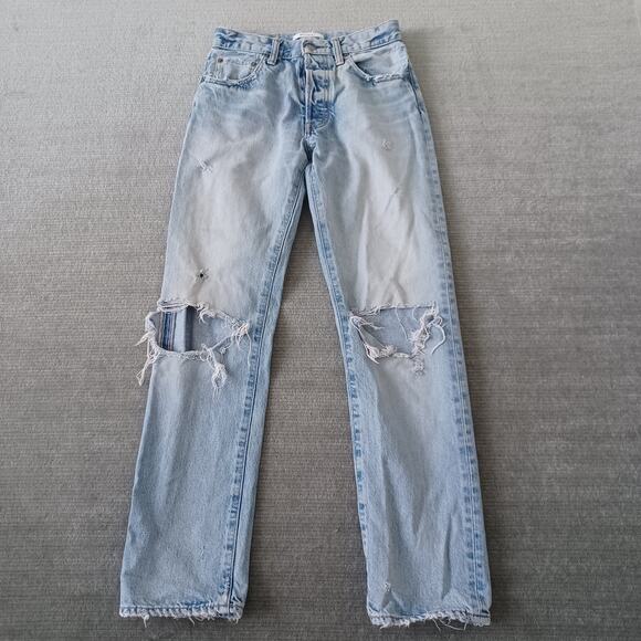 Moussy Jeans Women 25 Blue Howa Distressed High Rise Japan Button Fly Straight - Picture 1 of 9